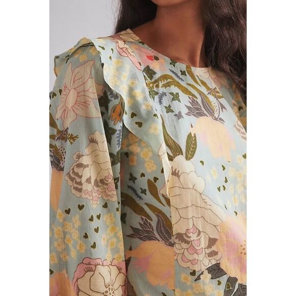 Anthropologie Carolina K Women’s Blue Large Floral Printed Pullover Blouse - Picture 13 of 14